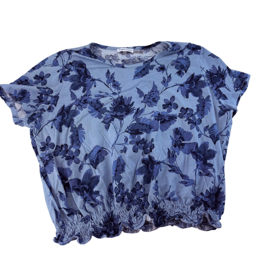 Calvin Klein Womens Blue Floral Smocked Hem Blouson Top Short Sleeve Large